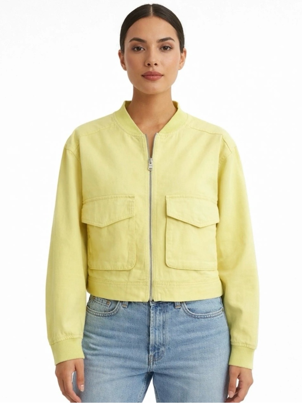 Nicole Miller women’s Pale Yellow Utility Zip Jacket size XL 100% cotton